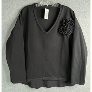 Black V-Neck Sweater w/ Black-on-Black Rose Appliqué One Size